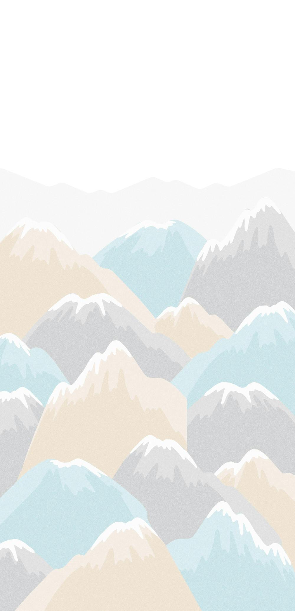 white background with snowy tan, blue and grey mountains