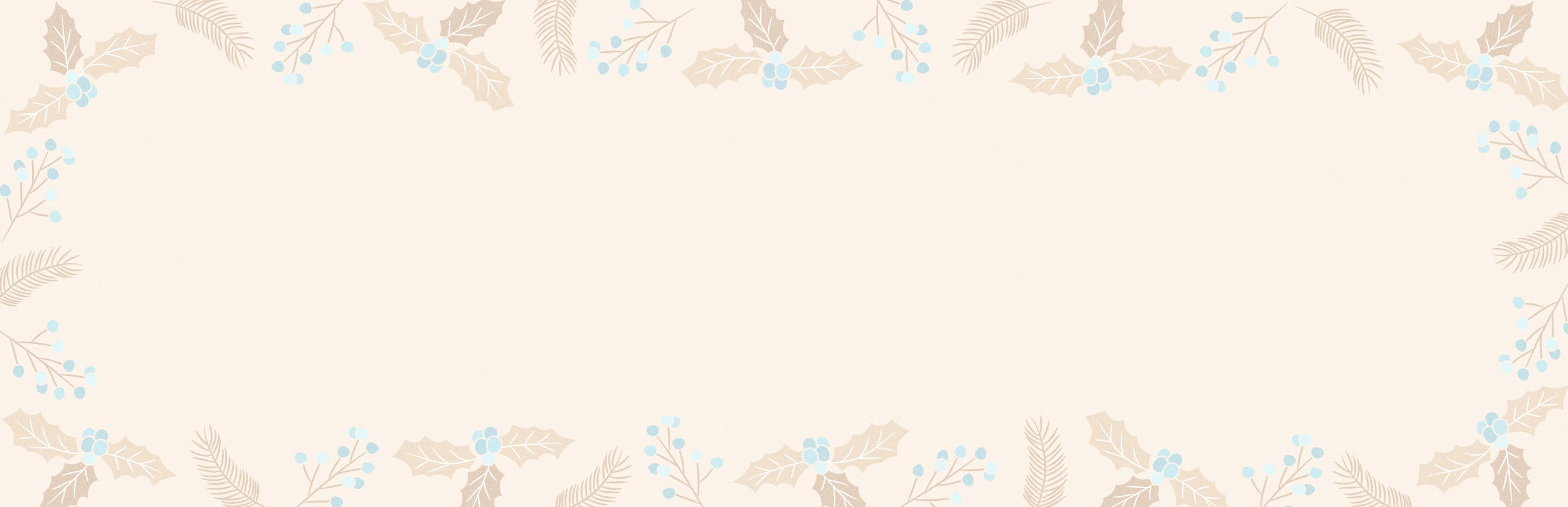cream background with tan and blue holly, pine needles and berries