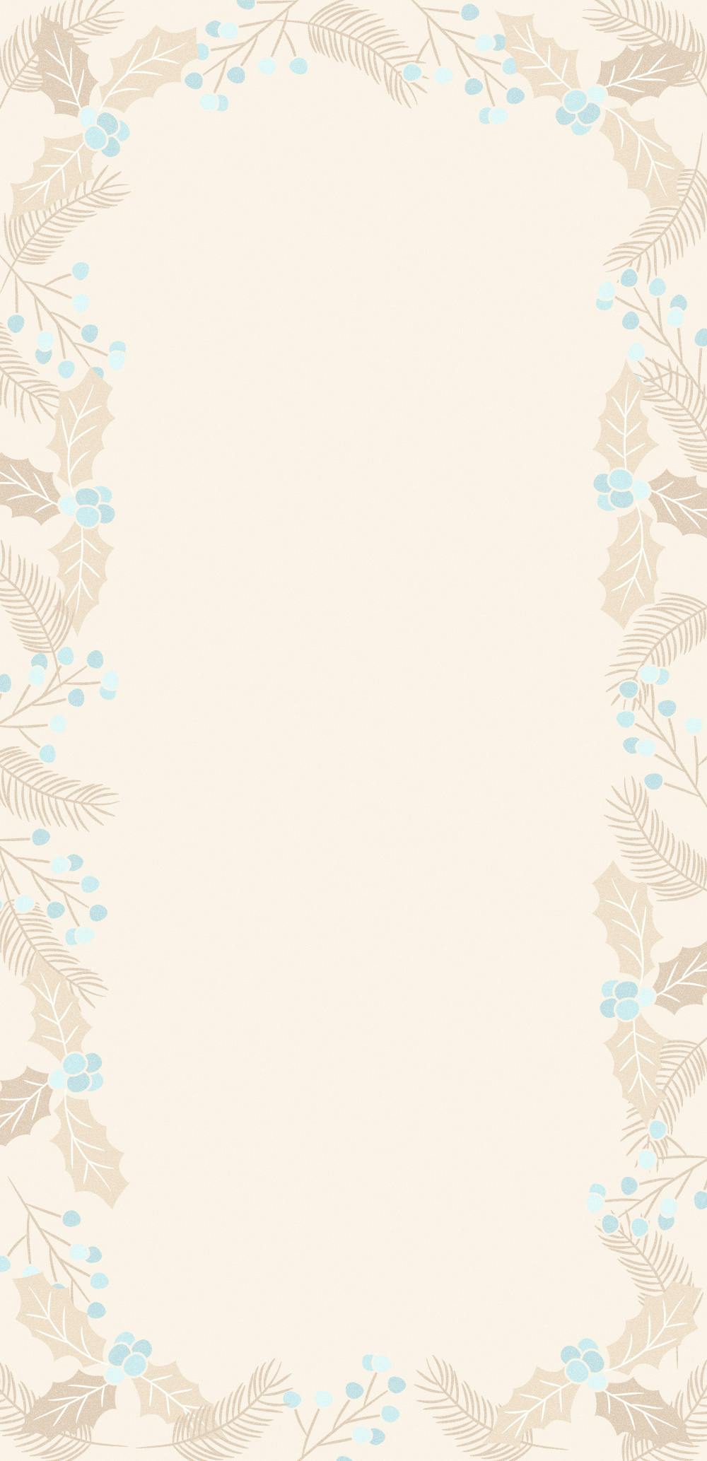 cream background with tan and blue holly, pine needles and berries