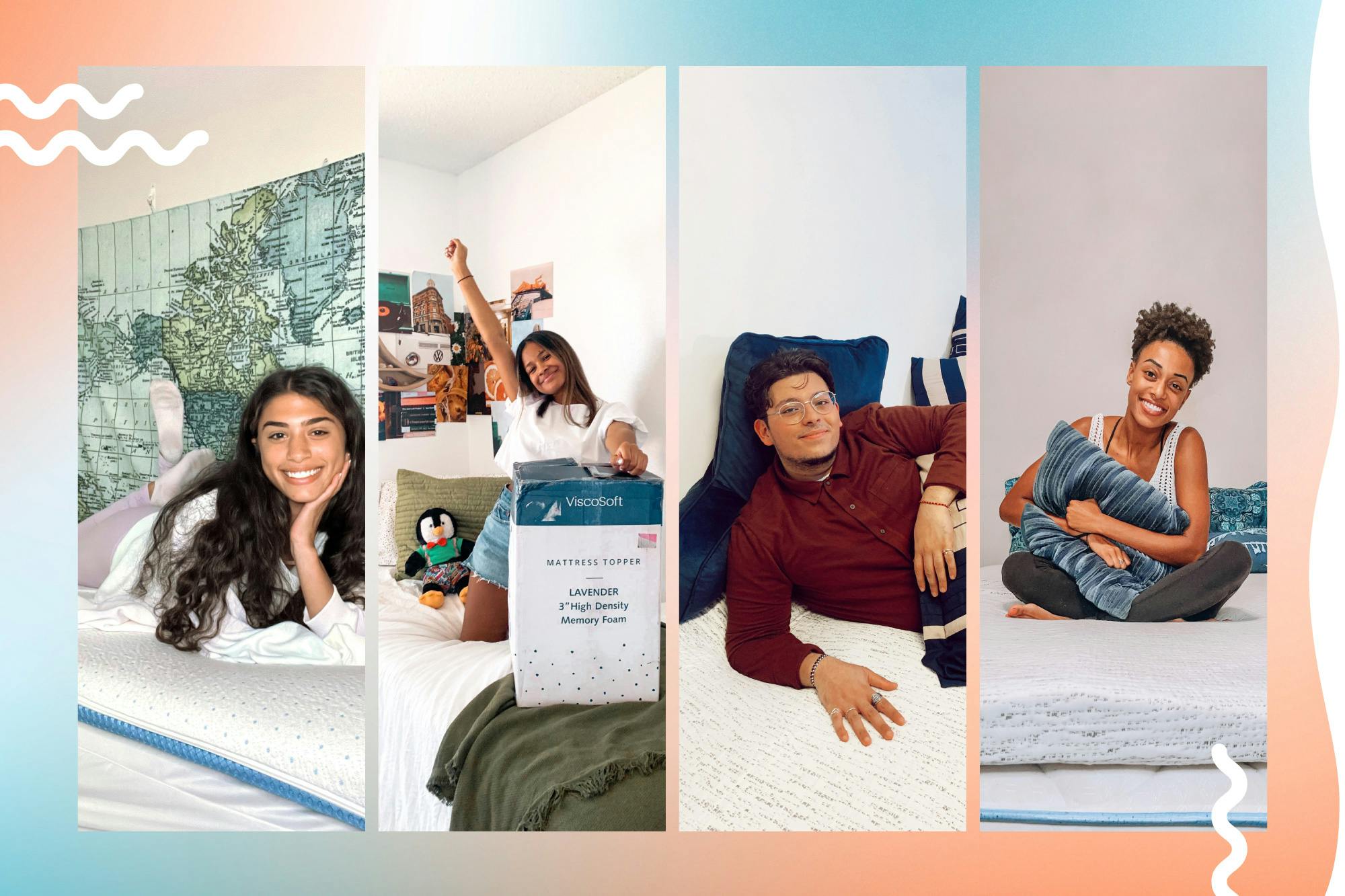Photos of college students sitting and smiling on their mattress toppers on their bed in their dorm room.