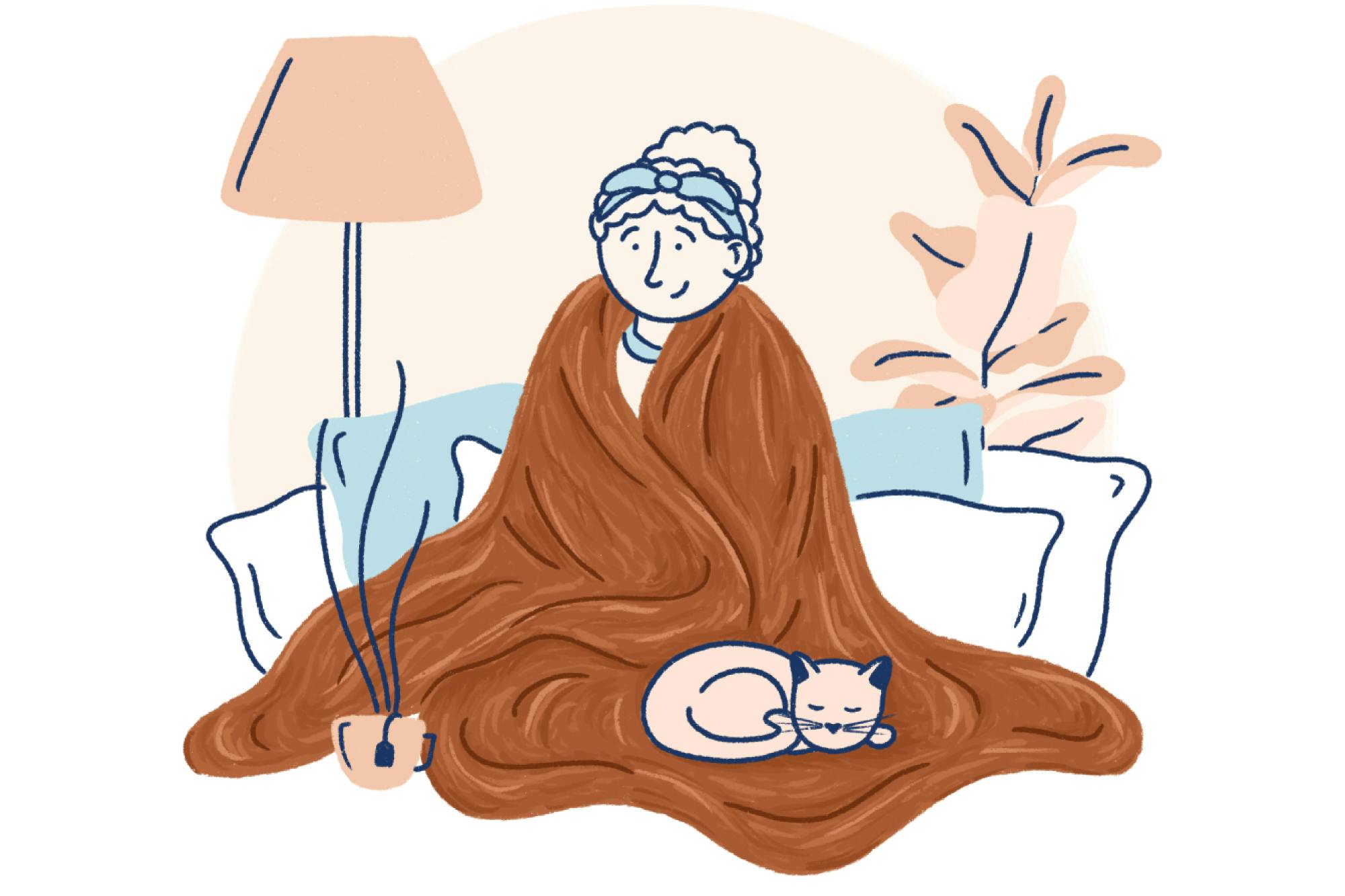 Illustration of a girl wrapped up in a cozy blanket