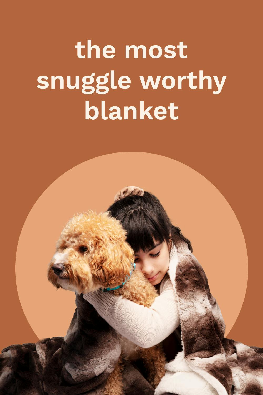 the most snuggle worthy blanket. Image of a girl hugging her dog while wrapped in the brown faux fur blanket