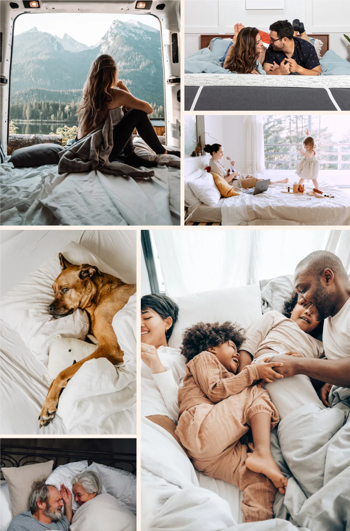 collage of photos of people comfortable on their beds