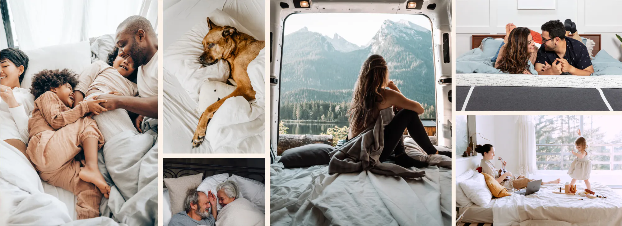 collage of photos of people comfortable on their beds