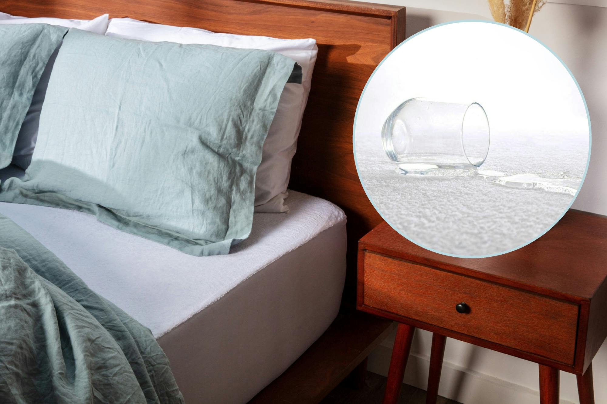 A white mattress protector on a bed with blue bedding draped over it. There is a super imposed photo of a mattress protector stopping a spilled glass of water from spreading.