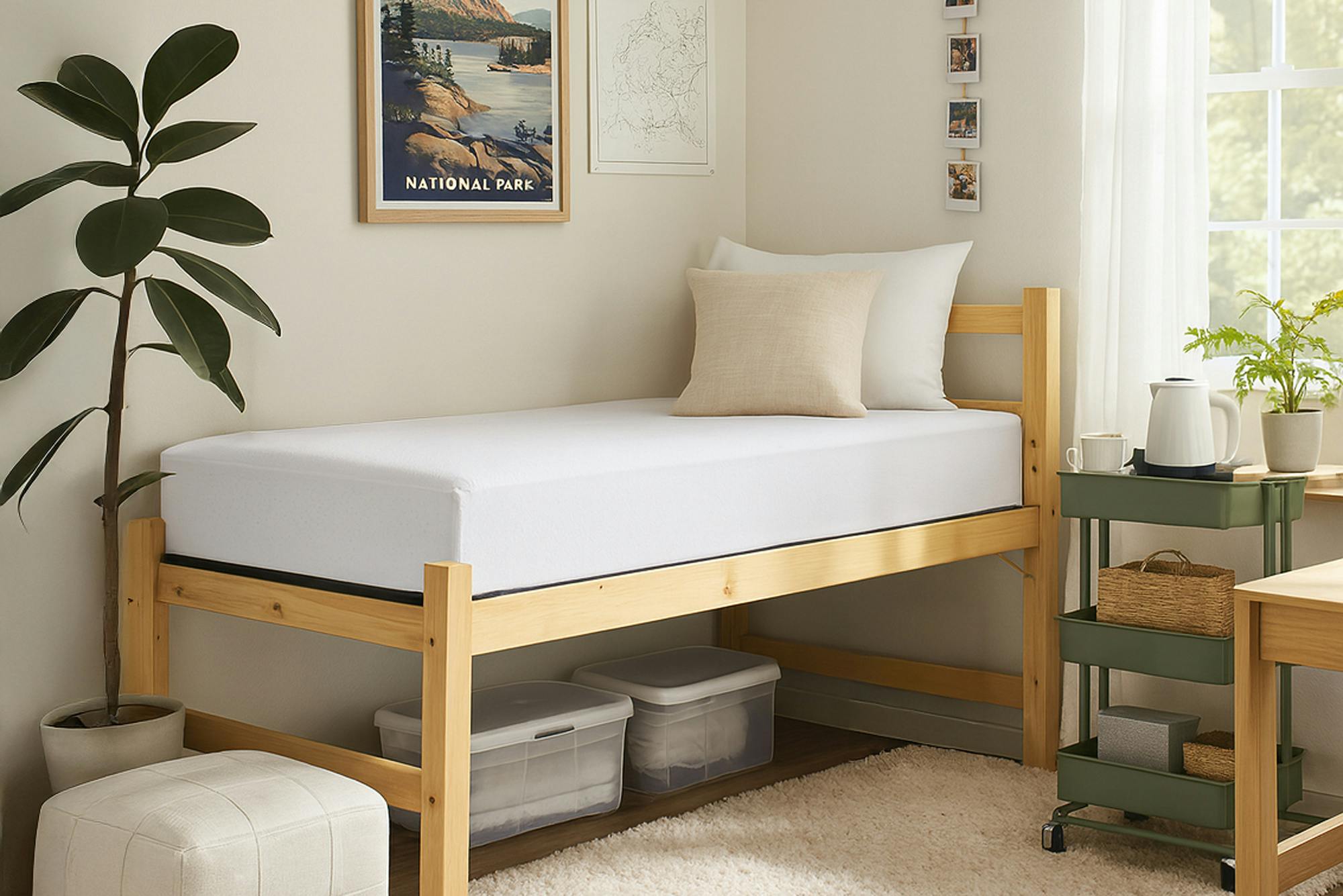 A college dorm room with a bed fitted with a white mattress protector