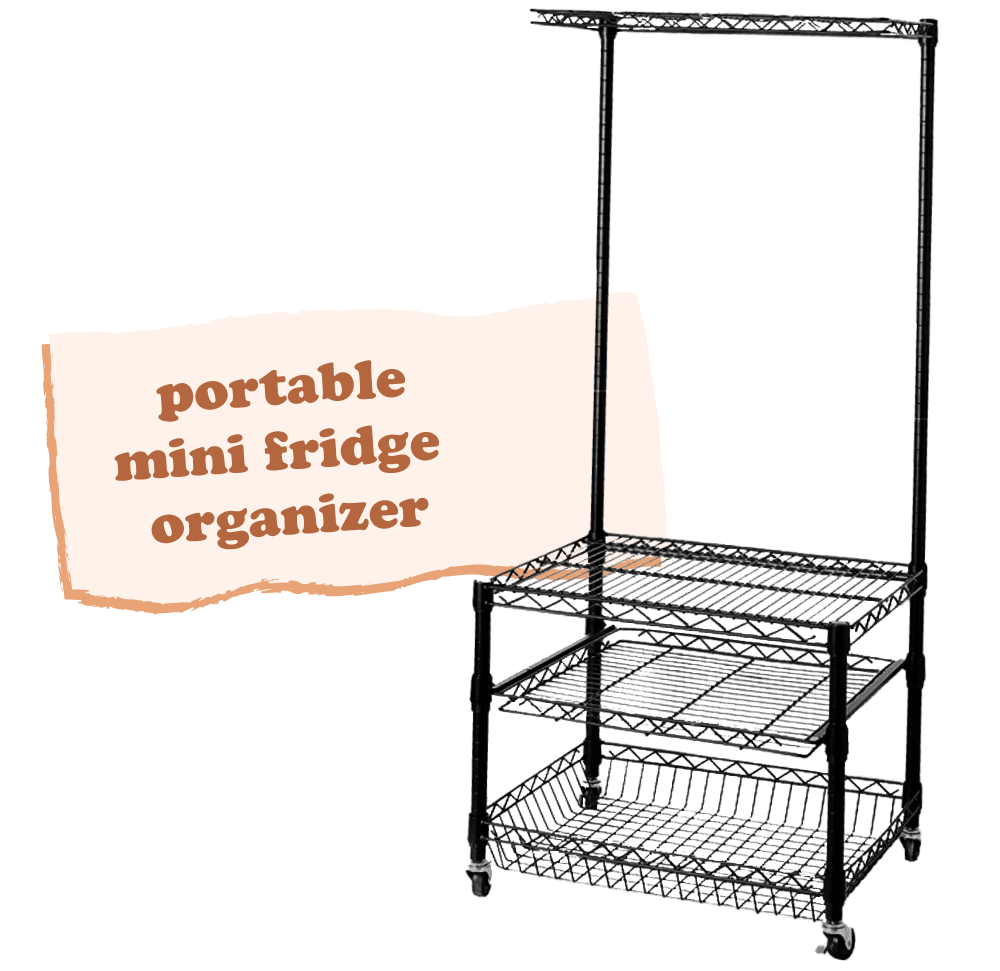 Portable mini fridge organizer rack.
