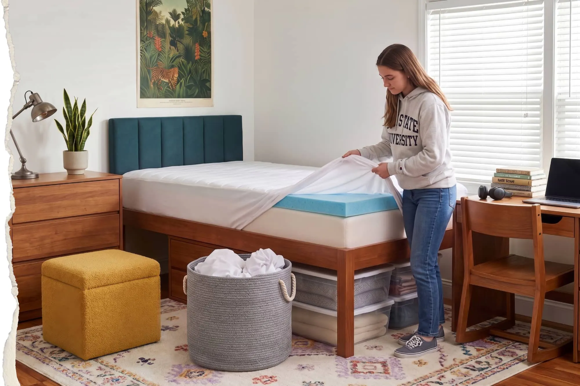 A girl placing the Viscosoft Reflex mattress topper cover in a laundry basket to take to the washing machine in her dorm.