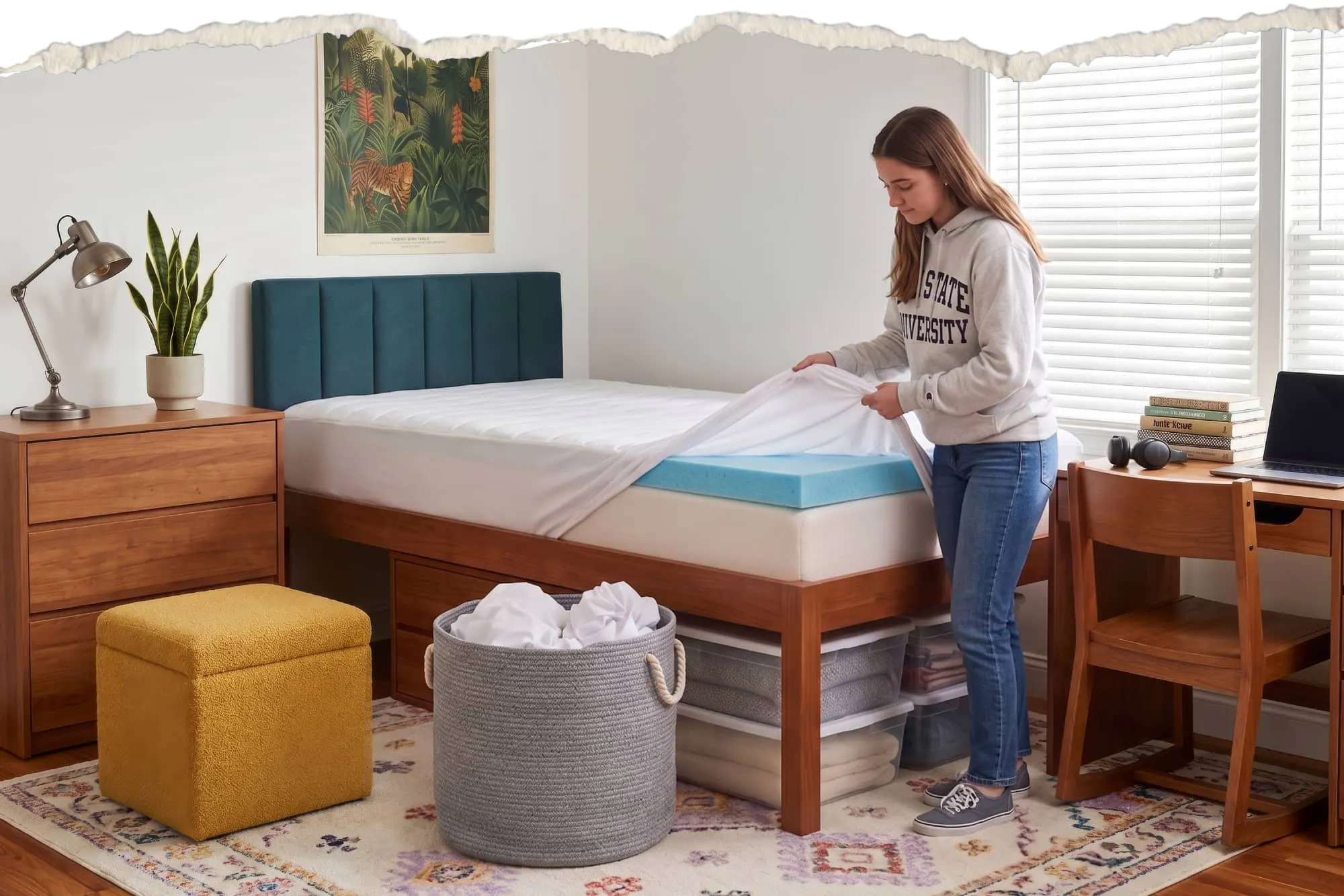 A girl placing the Viscosoft Reflex mattress topper cover in a laundry basket to take to the washing machine in her dorm.