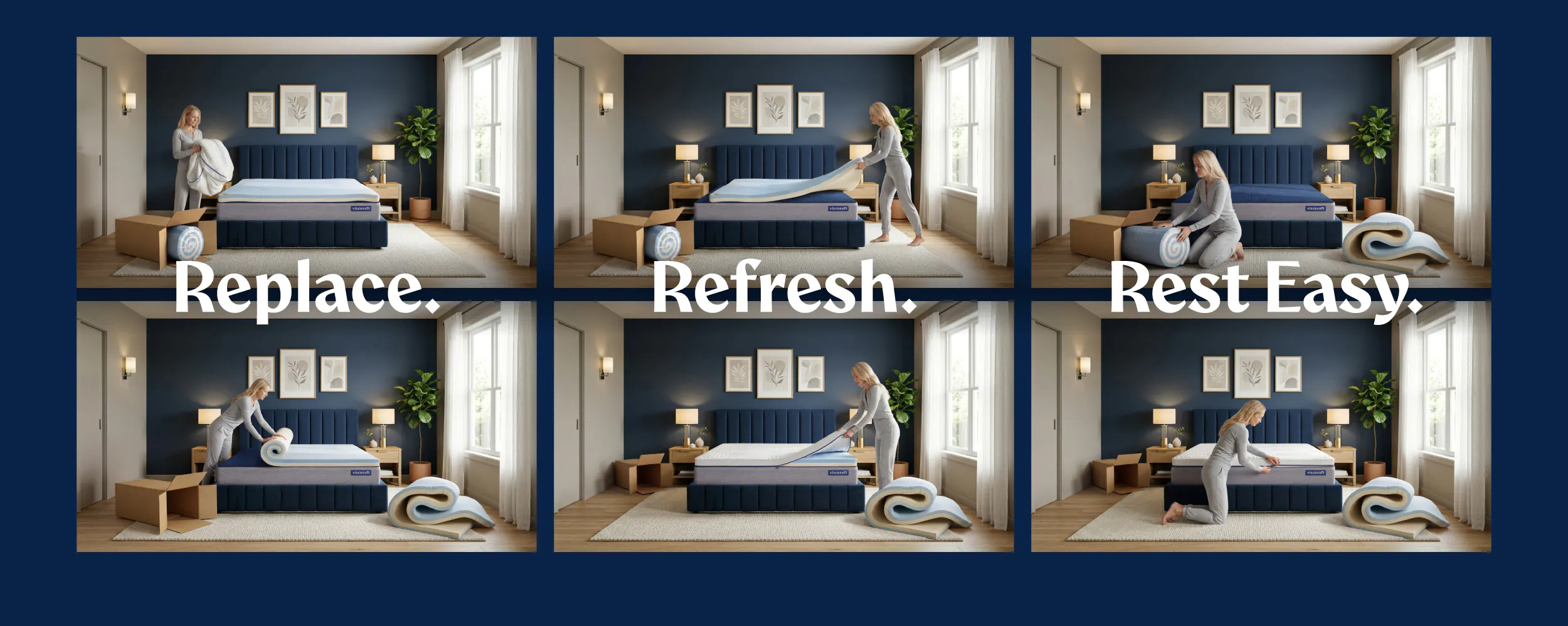A series of images of a woman swaping out the replacement comfort layer in her mattress