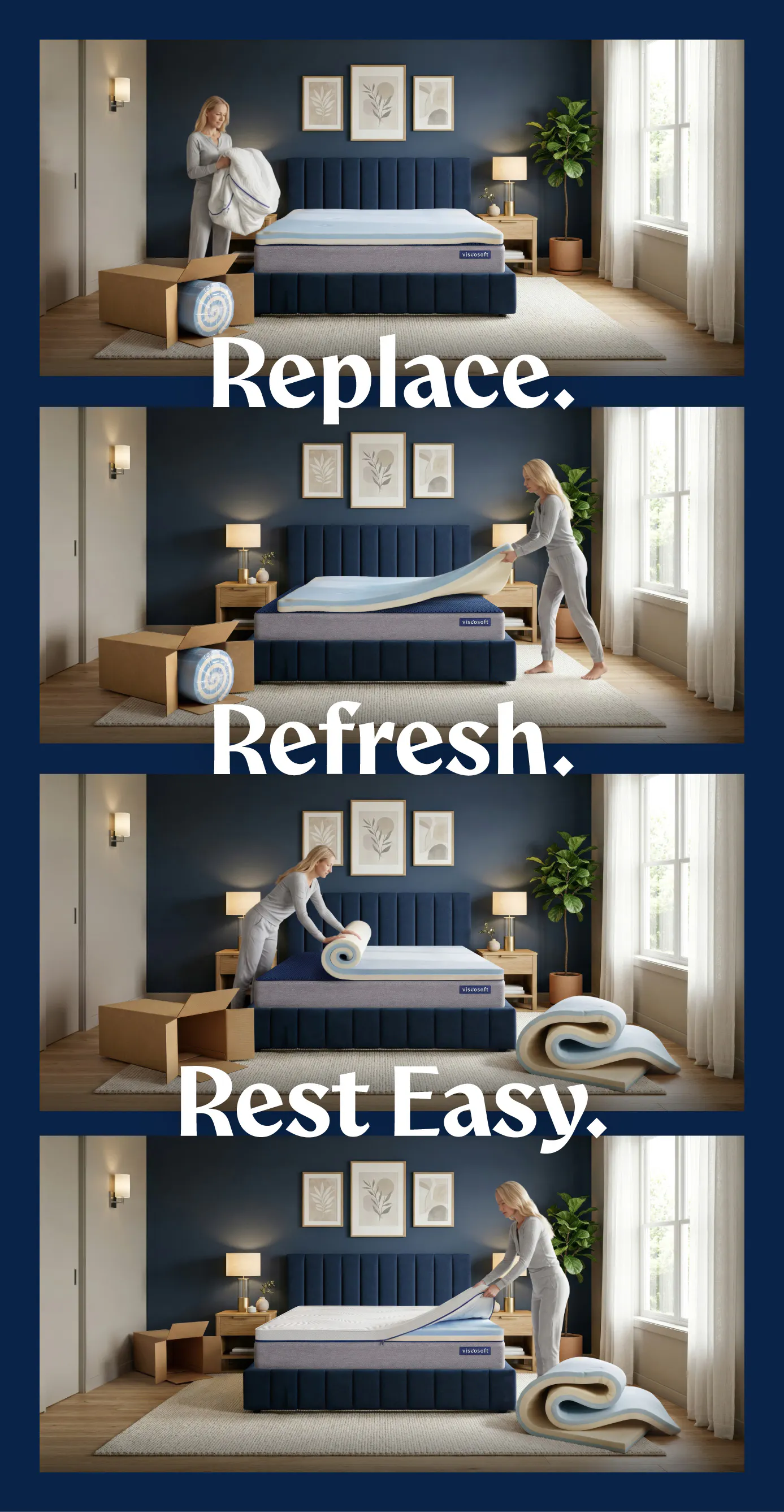 A series of images of a woman swaping out the replacement comfort layer in her mattress