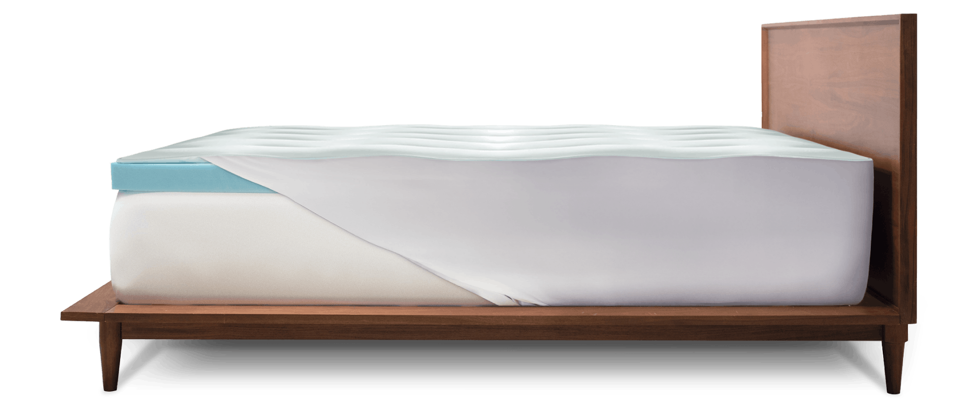 thick blue memory foam mattress topper with a white lightly padded cover on top of a mattress