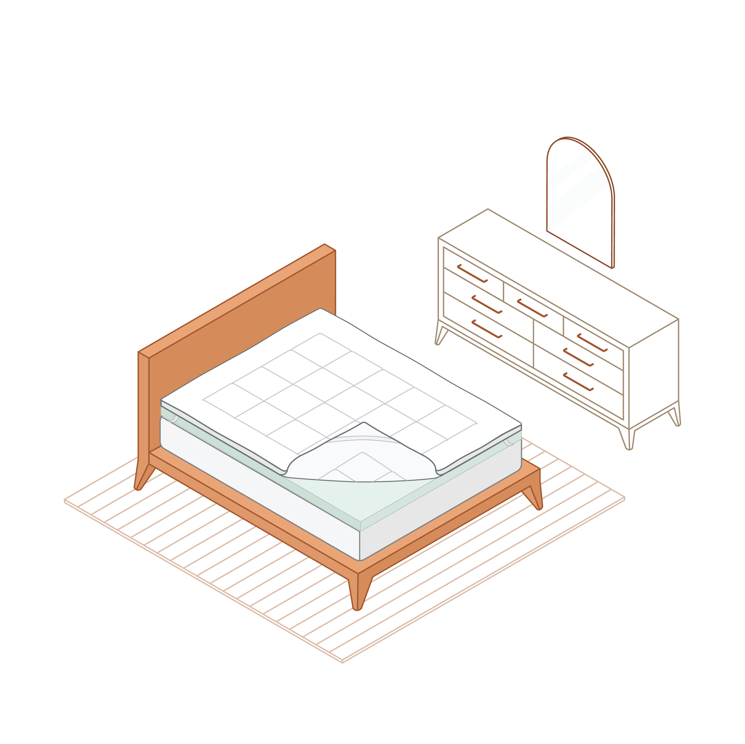 illustration of a serene hybrid topper on a queen mattress in a guest bedroom