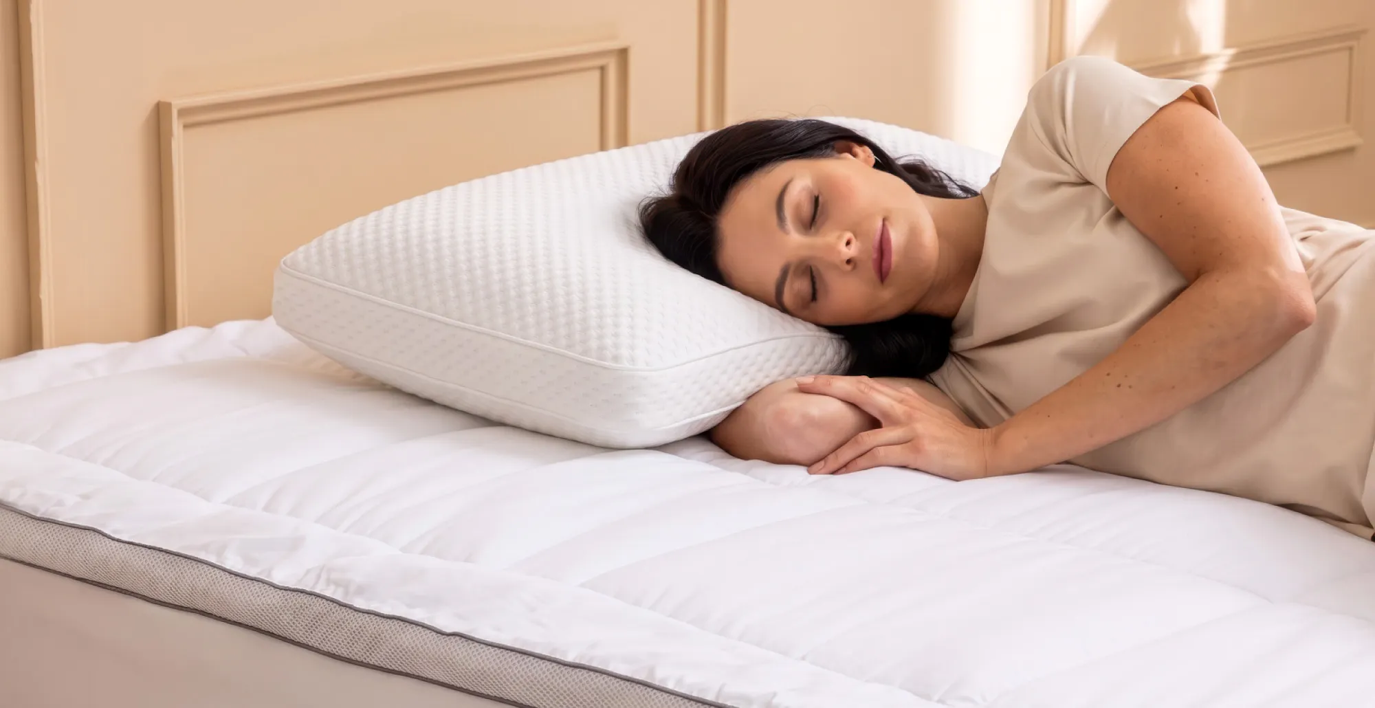 A woman sleeping on a plush pillow top mattress topper with a thick memory foam pillow under her head