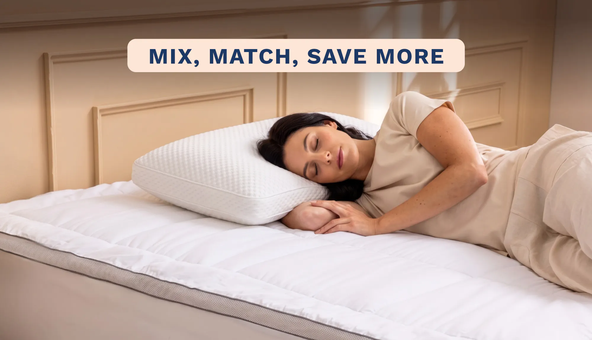 Mix, Match, Save More. An image of a woman sleeping on a plush pillow top mattress topper with a thick memory foam pillow underneath her head.