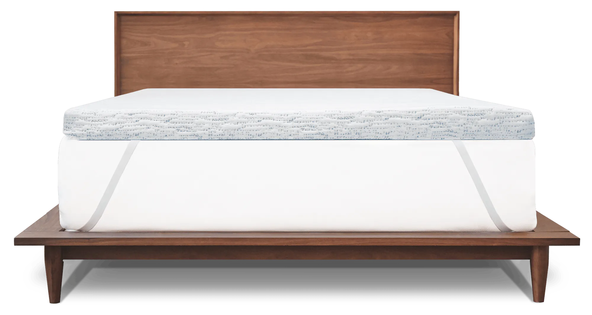 thick white and blue memory foam mattress topper attached to mattress with elastic straps