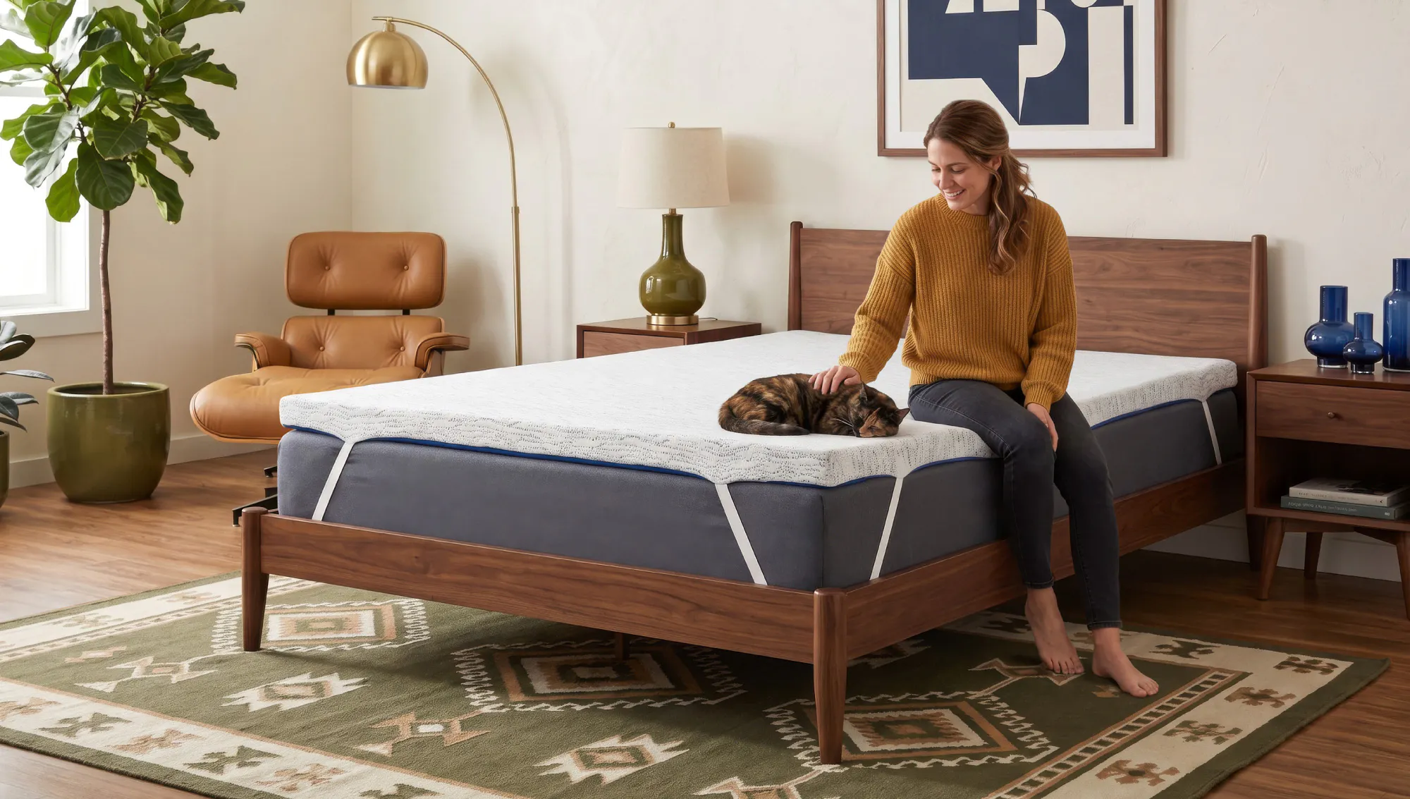 a woman sitting on the edge of the bed on a thick white mattress topper, with her feet on the floor, smiling down at a sleeping tortoiseshell cat she is petting on the bed.