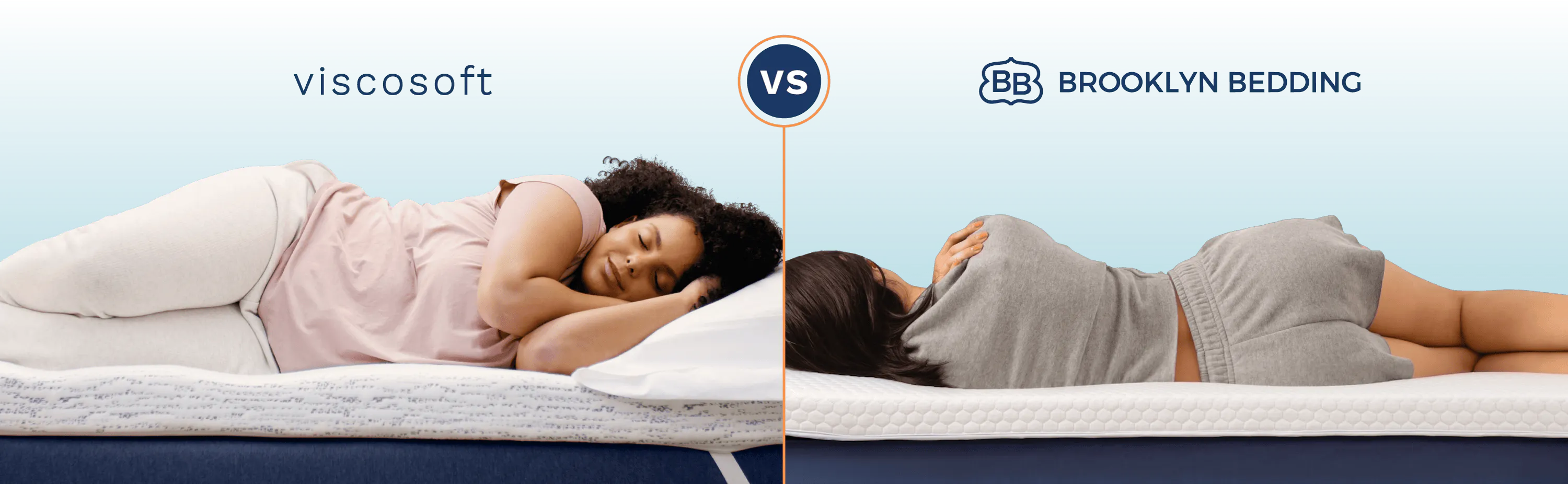 A side-by-side comparison of college students sleeping on a Viscosoft mattress topper and a Brooklyn Bedding mattress topper