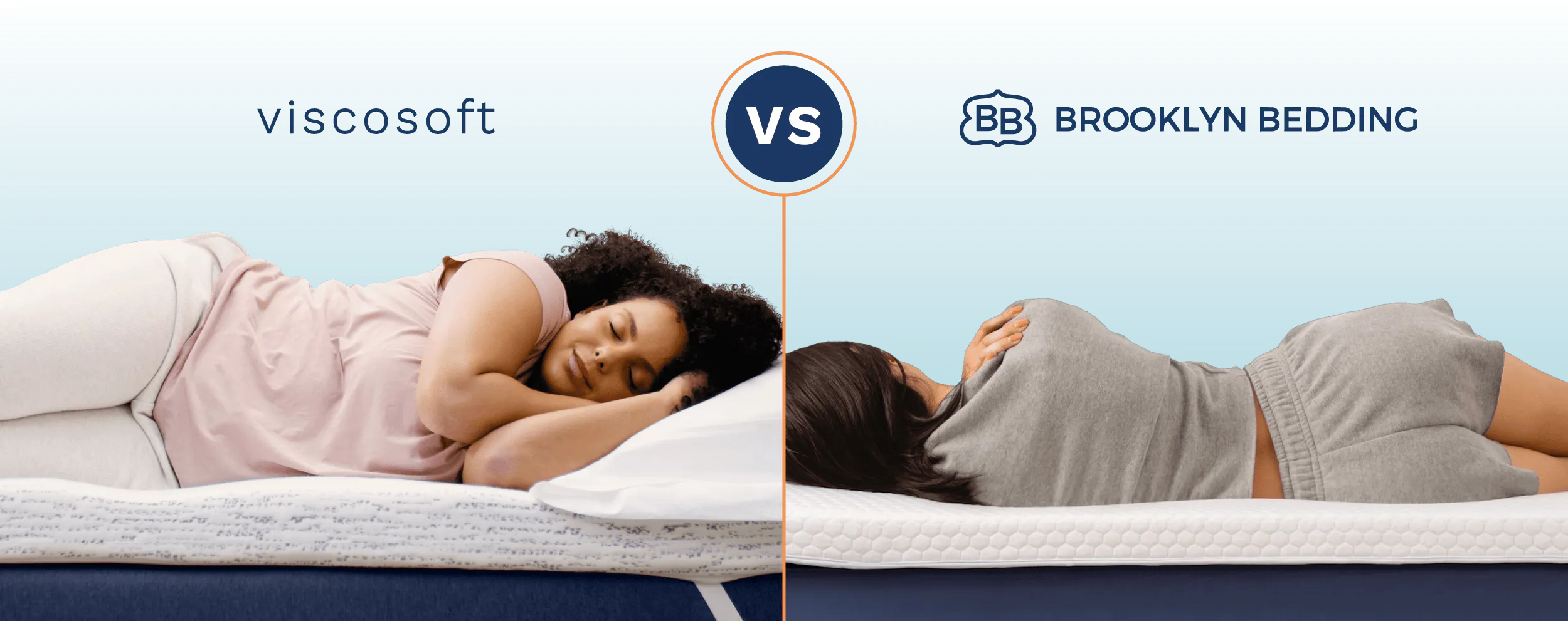 A side-by-side comparison of college students sleeping on a Viscosoft mattress topper and a Brooklyn Bedding mattress topper