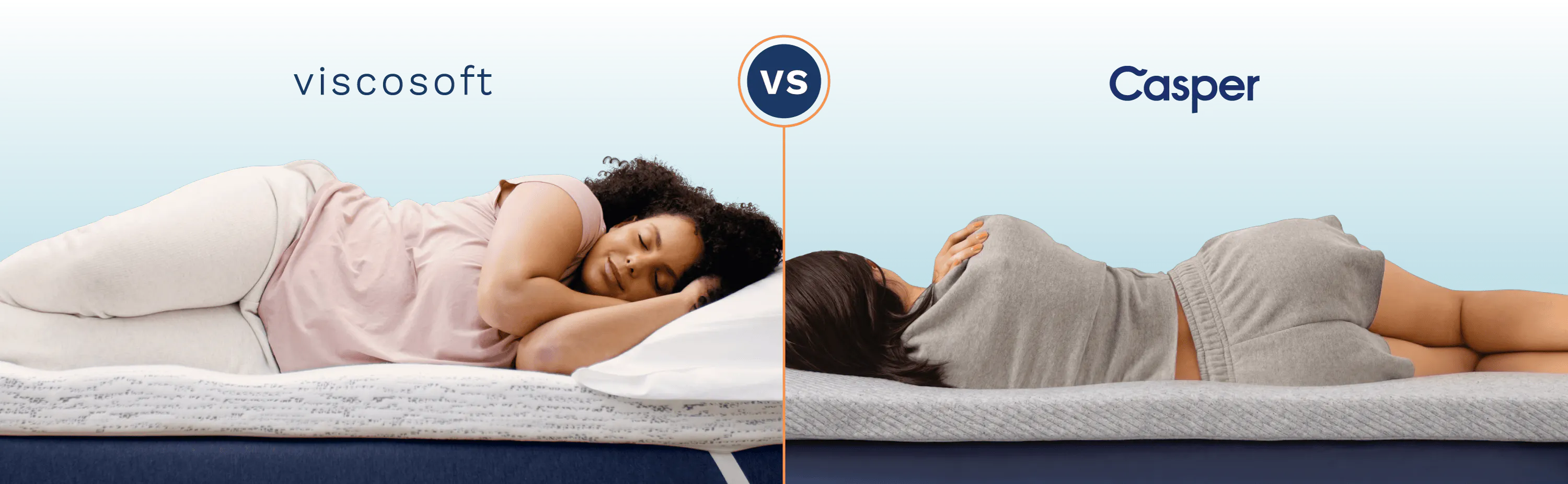 A side-by-side comparison of college students sleeping on a Viscosoft mattress topper and a Casper mattress topper