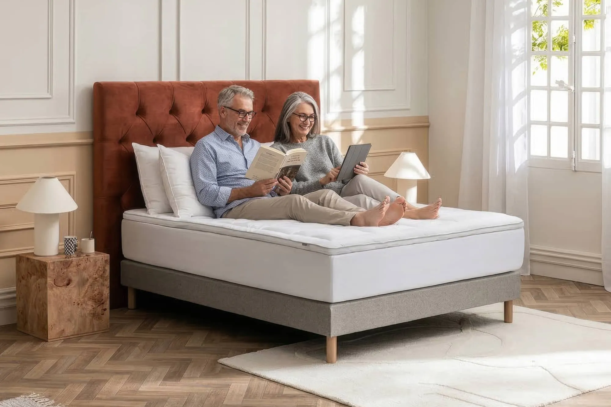 Older couple reading in bed on their viscosoft mattress topper