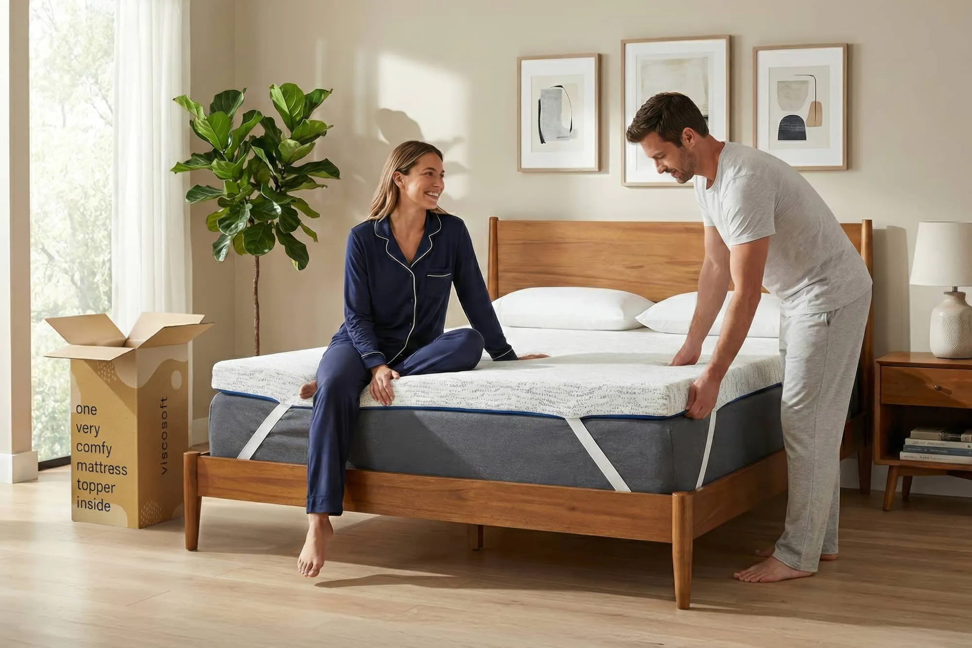 Couple unboxing and setting up their Viscosoft mattress topper