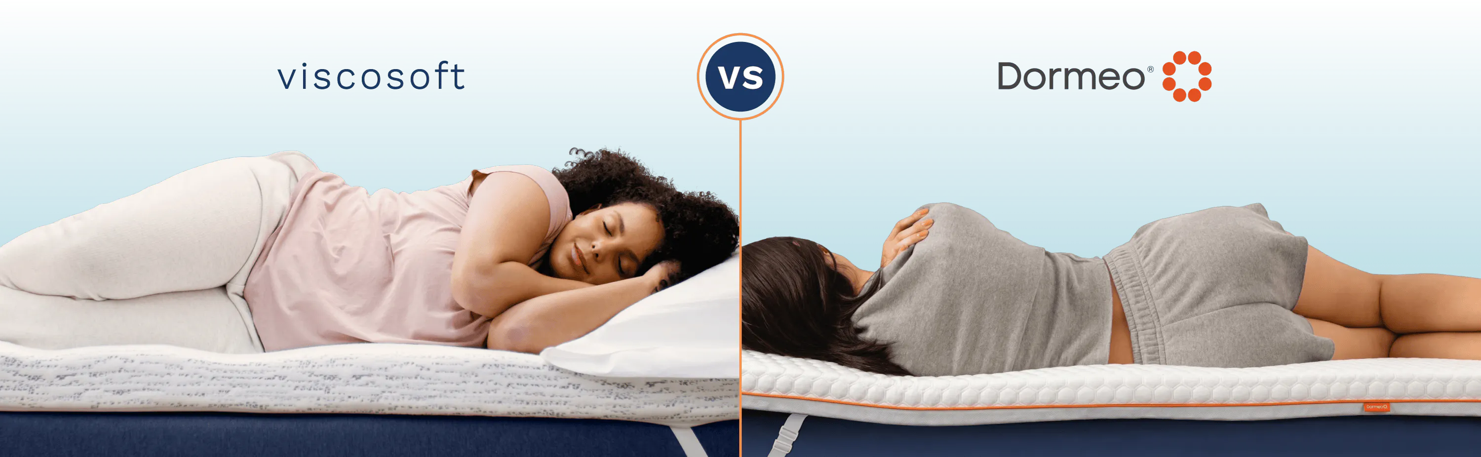 A side-by-side comparison of college students sleeping on a Viscosoft mattress topper and a Dormeo mattress topper