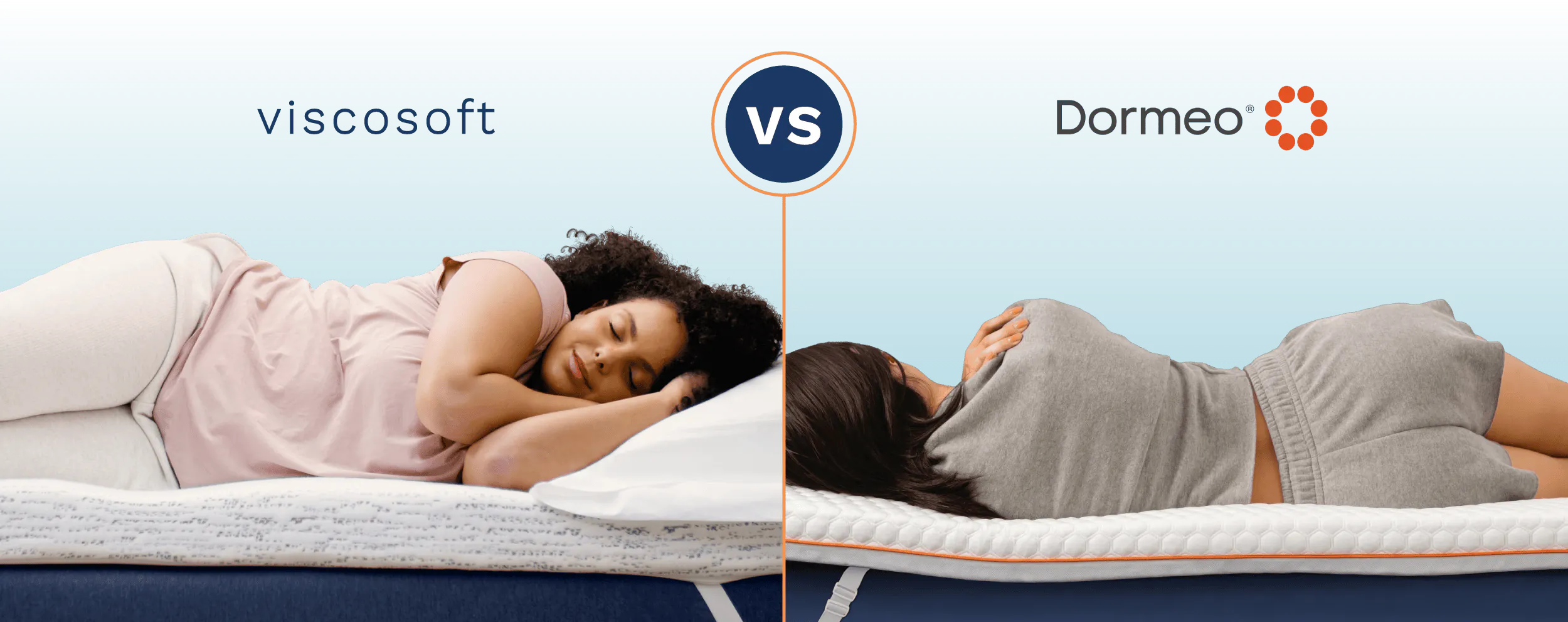 A side-by-side comparison of college students sleeping on a Viscosoft mattress topper and a Dormeo mattress topper