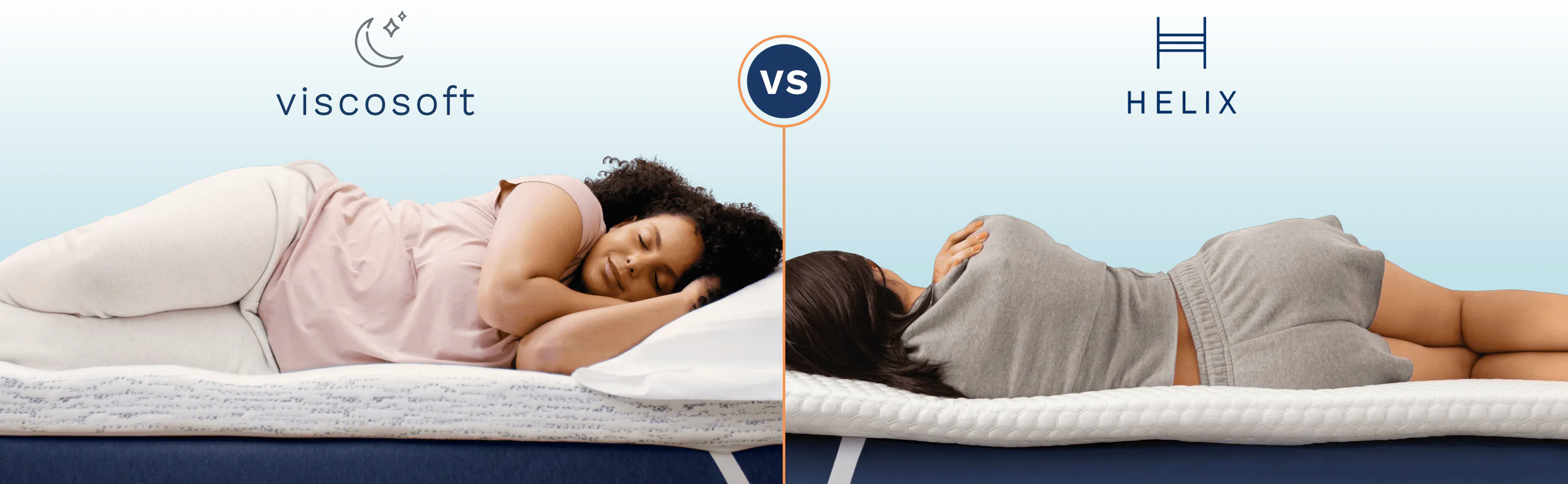 A side-by-side comparison of college students sleeping on a Viscosoft mattress topper and a Helix mattress topper