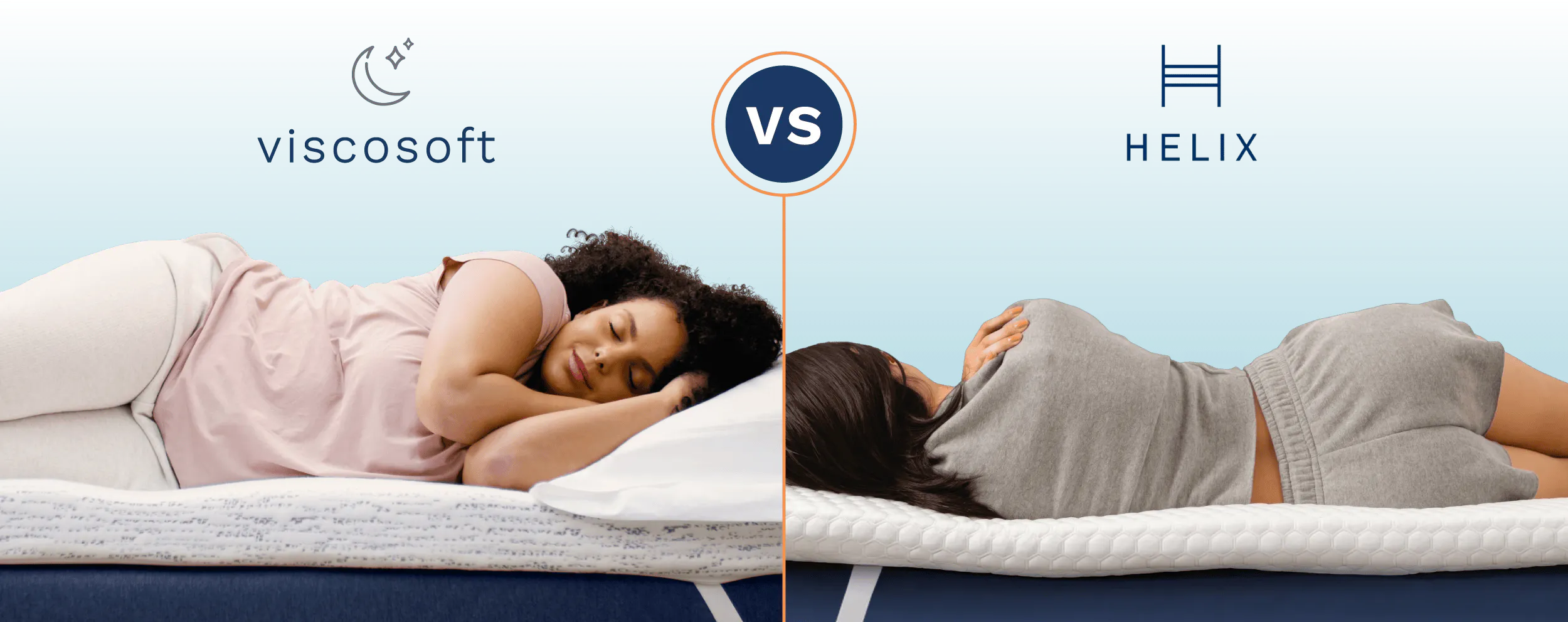 A side-by-side comparison of college students sleeping on a Viscosoft mattress topper and a Helix mattress topper