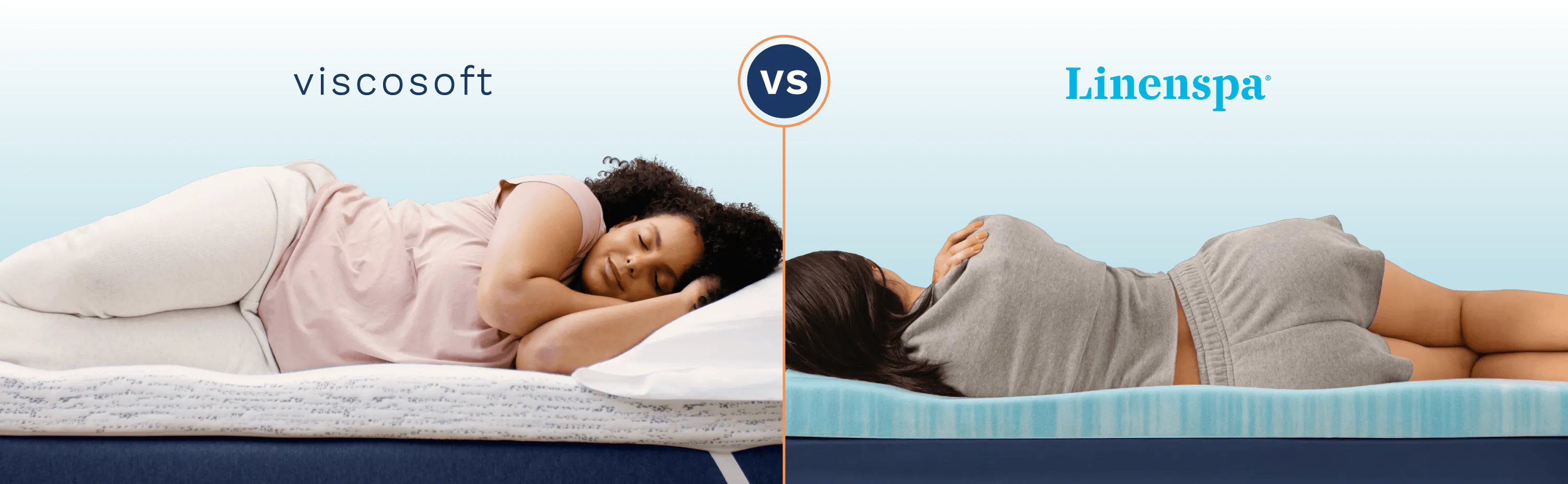 A side-by-side comparison of college students sleeping on a Viscosoft mattress topper and an Linenspa mattress topper