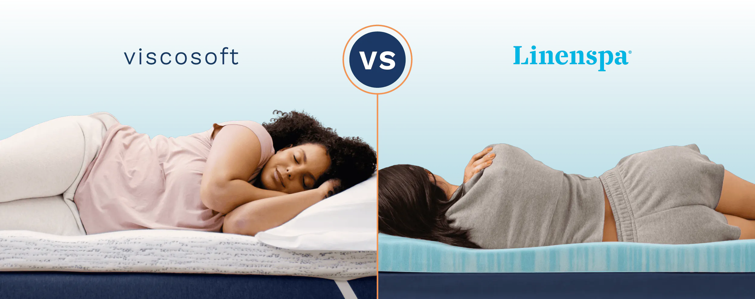 A side-by-side comparison of college students sleeping on a Viscosoft mattress topper and an Linenspa mattress topper