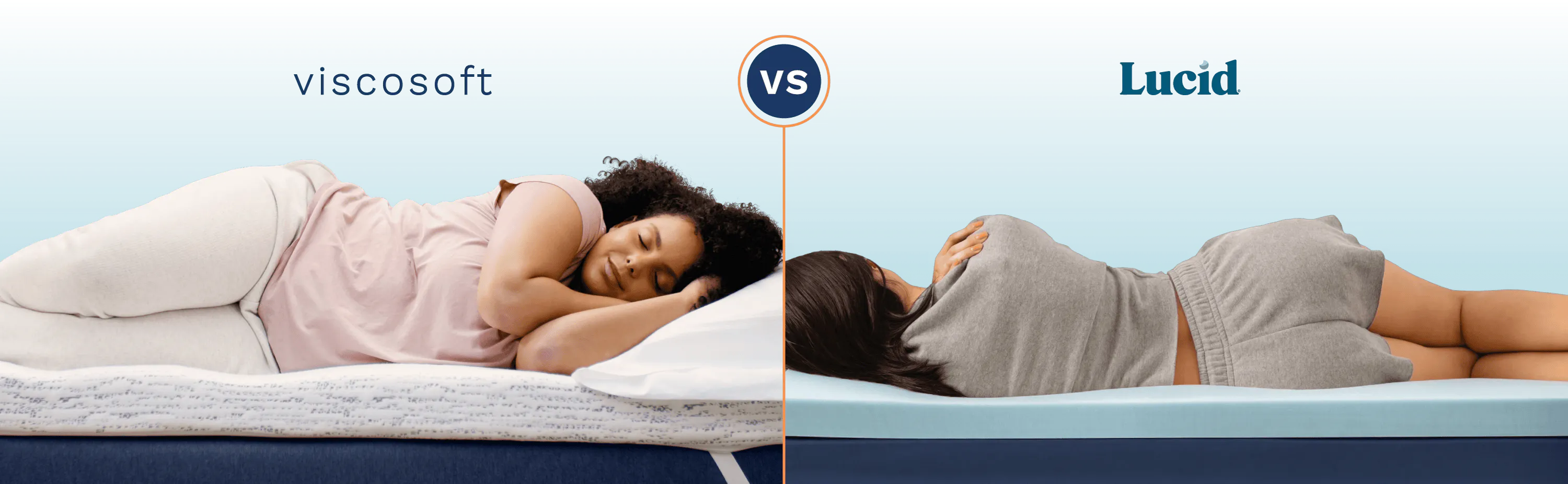 A side-by-side comparison of college students sleeping on a Viscosoft mattress topper and a Lucid mattress topper