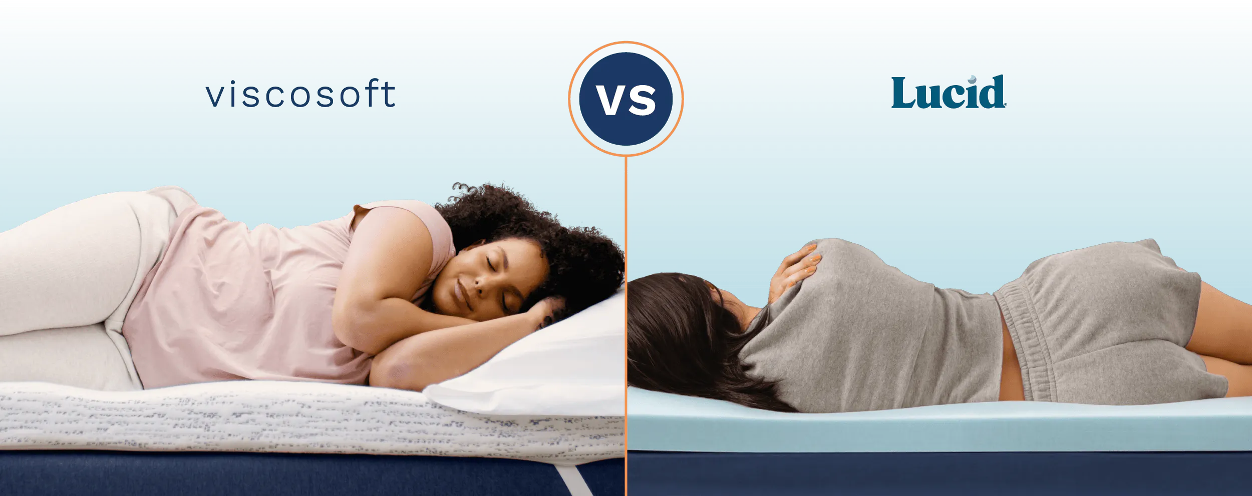 A side-by-side comparison of college students sleeping on a Viscosoft mattress topper and a Lucid mattress topper