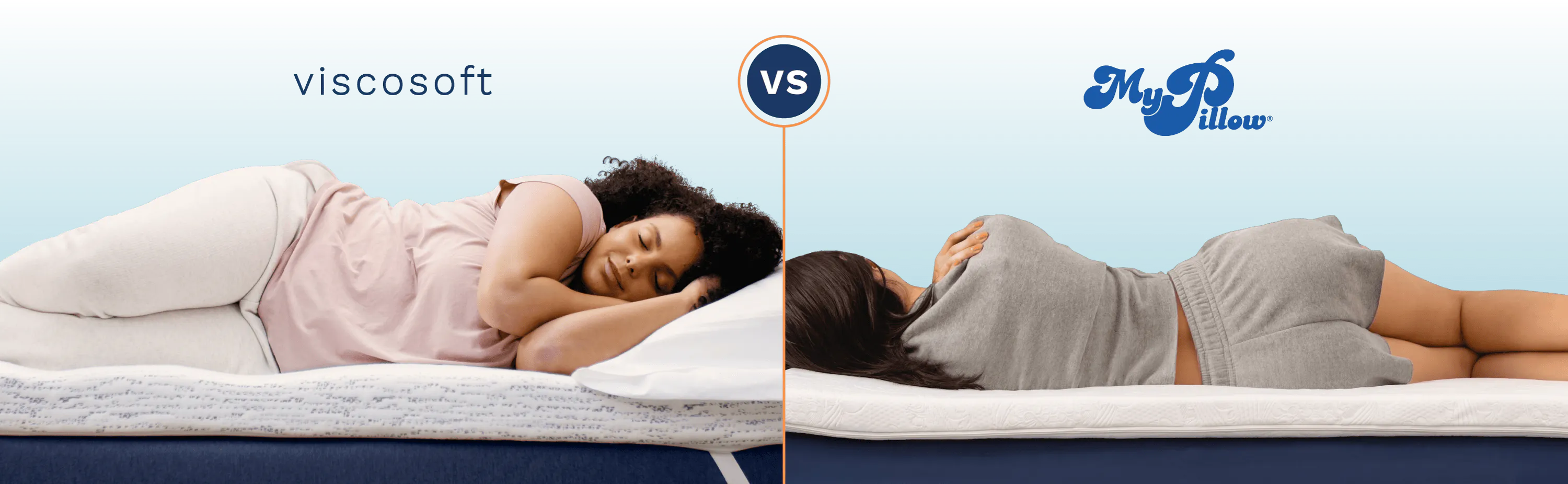 A side-by-side comparison of college students sleeping on a Viscosoft mattress topper and a My Pillow mattress topper