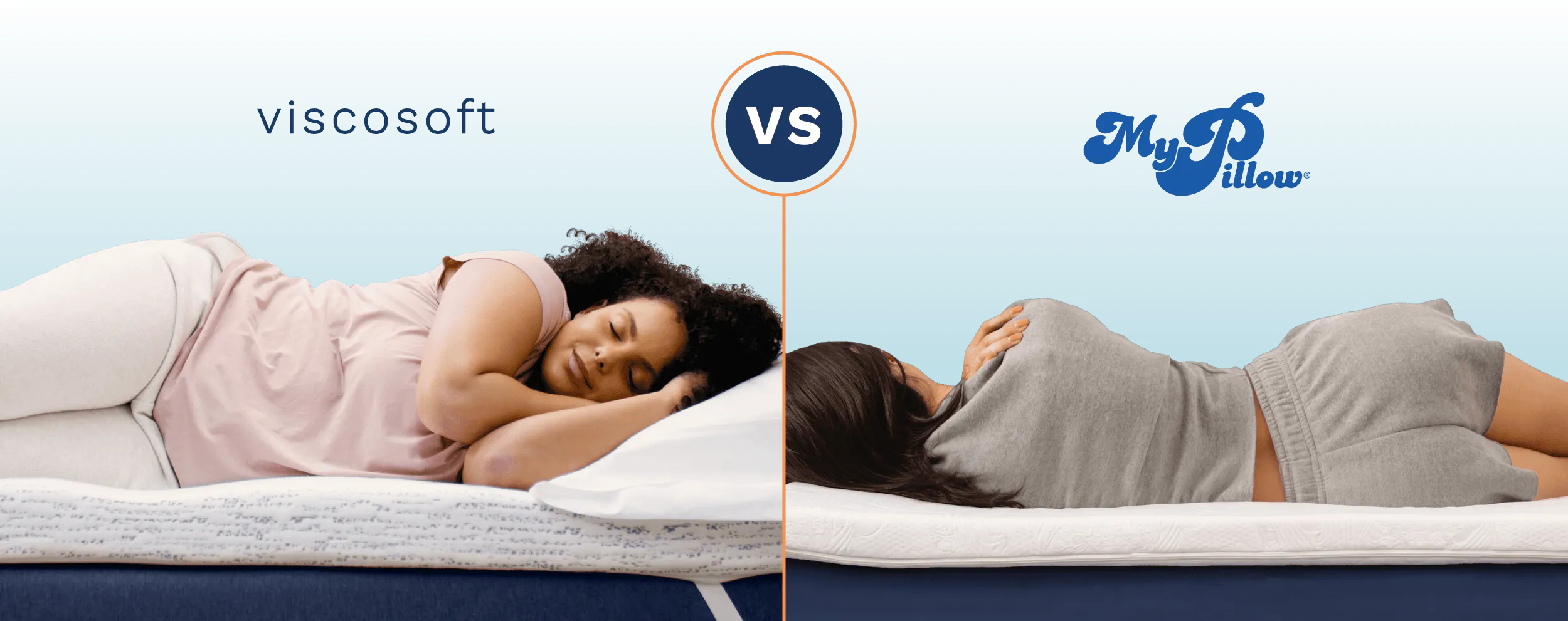 A side-by-side comparison of college students sleeping on a Viscosoft mattress topper and a My Pillow mattress topper