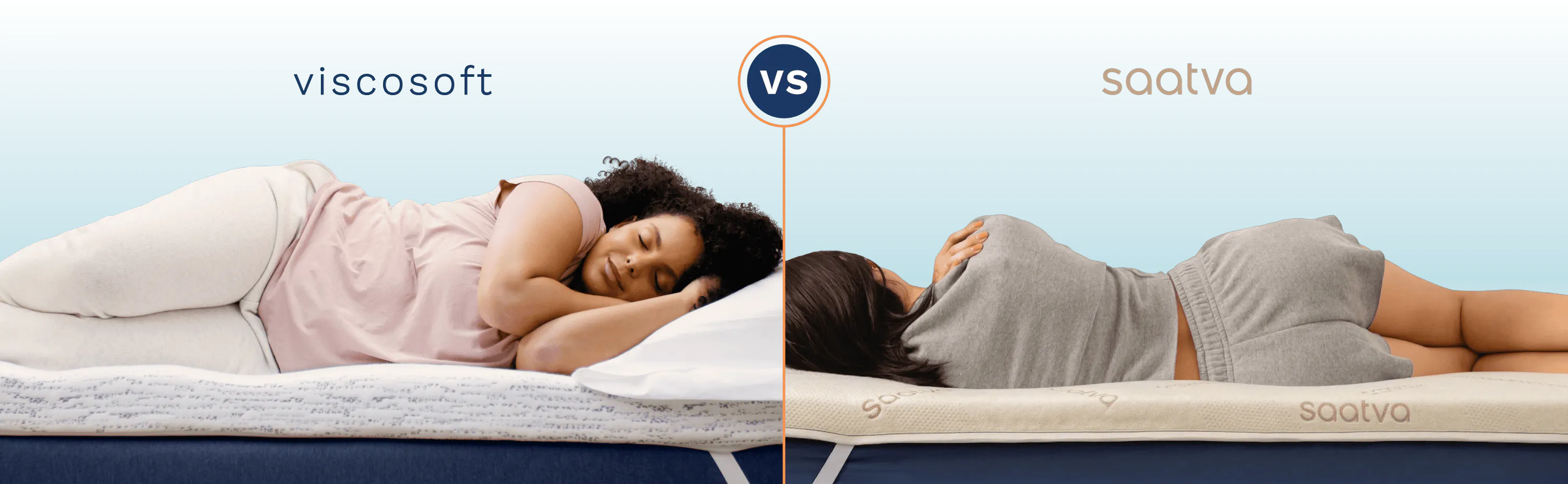 A side-by-side comparison of college students sleeping on a Viscosoft mattress topper and a Saatva mattress topper