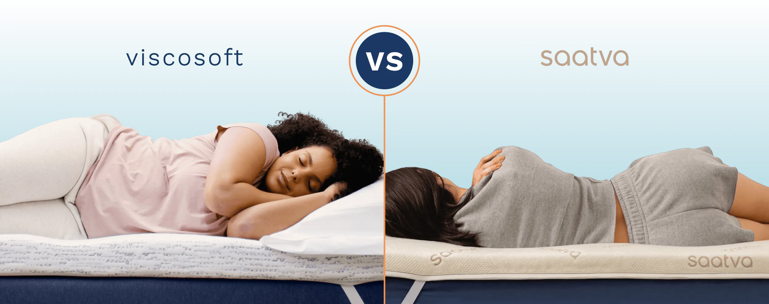 A side-by-side comparison of college students sleeping on a Viscosoft mattress topper and a Saatva mattress topper