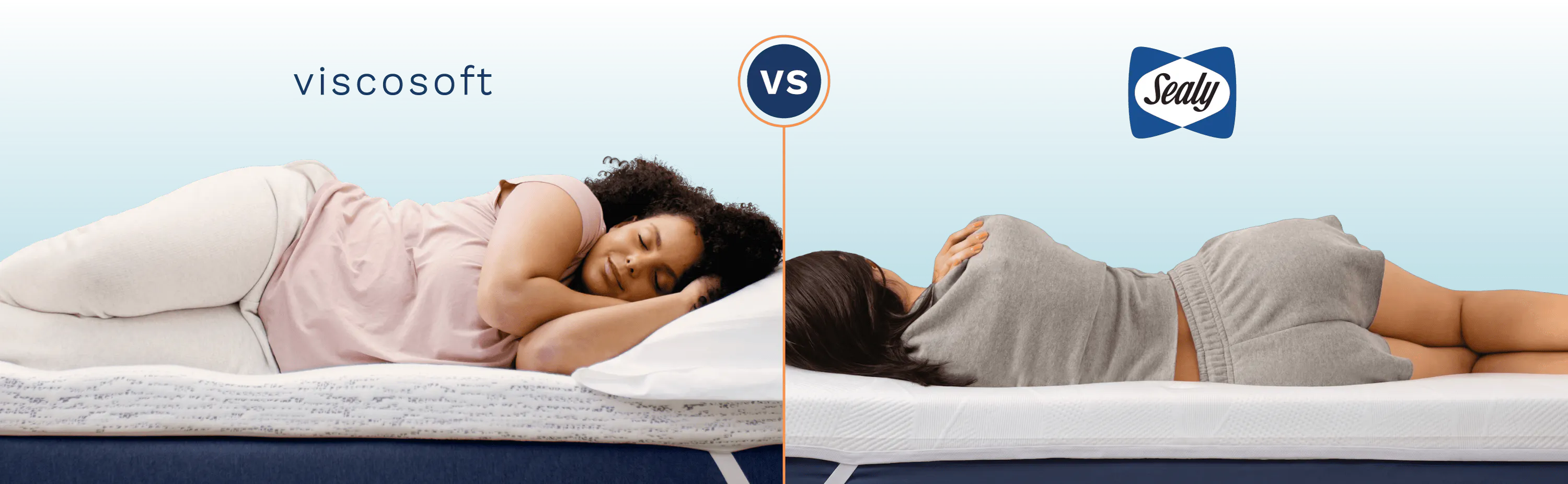 A side-by-side comparison of college students sleeping on a Viscosoft mattress topper and a Sealy mattress topper