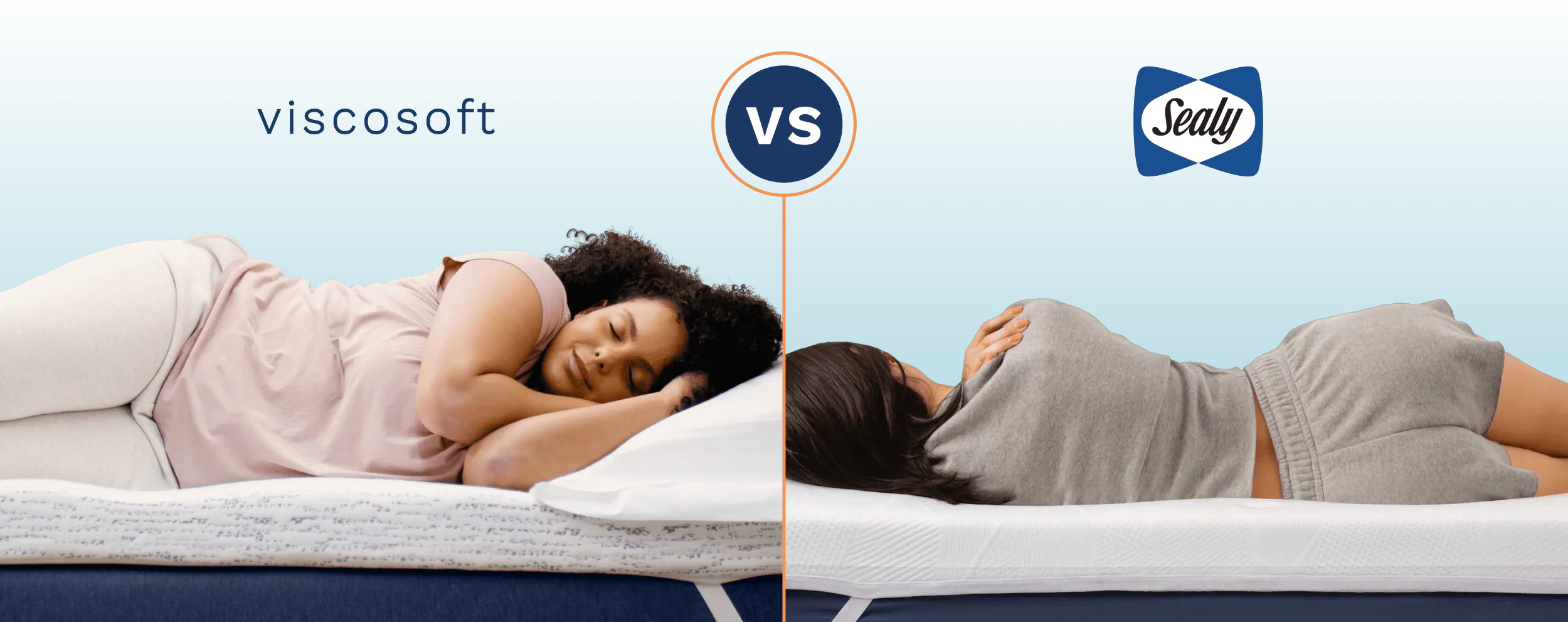 A side-by-side comparison of college students sleeping on a Viscosoft mattress topper and a Sealy mattress topper