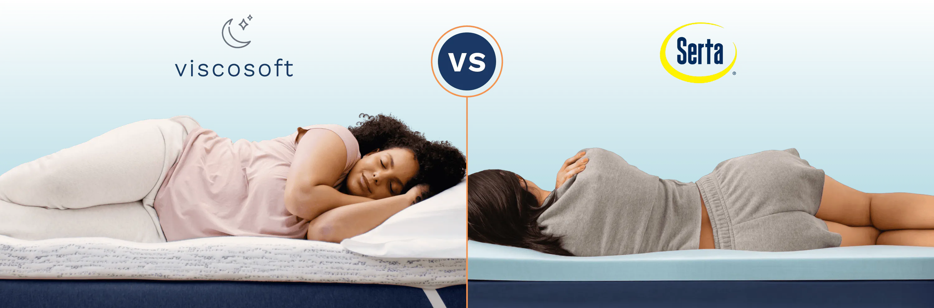 A side-by-side comparison of college students sleeping on a Viscosoft mattress topper and a Serta mattress topper