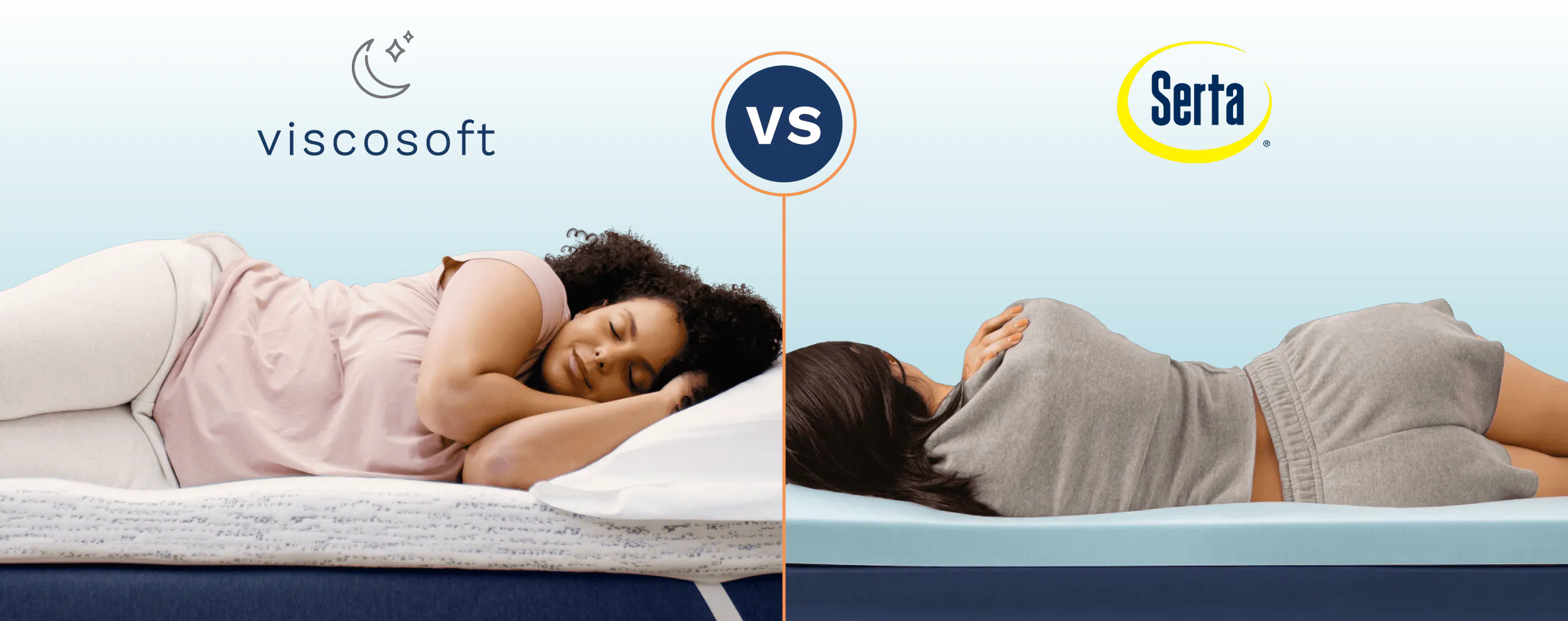 A side-by-side comparison of college students sleeping on a Viscosoft mattress topper and a Serta mattress topper