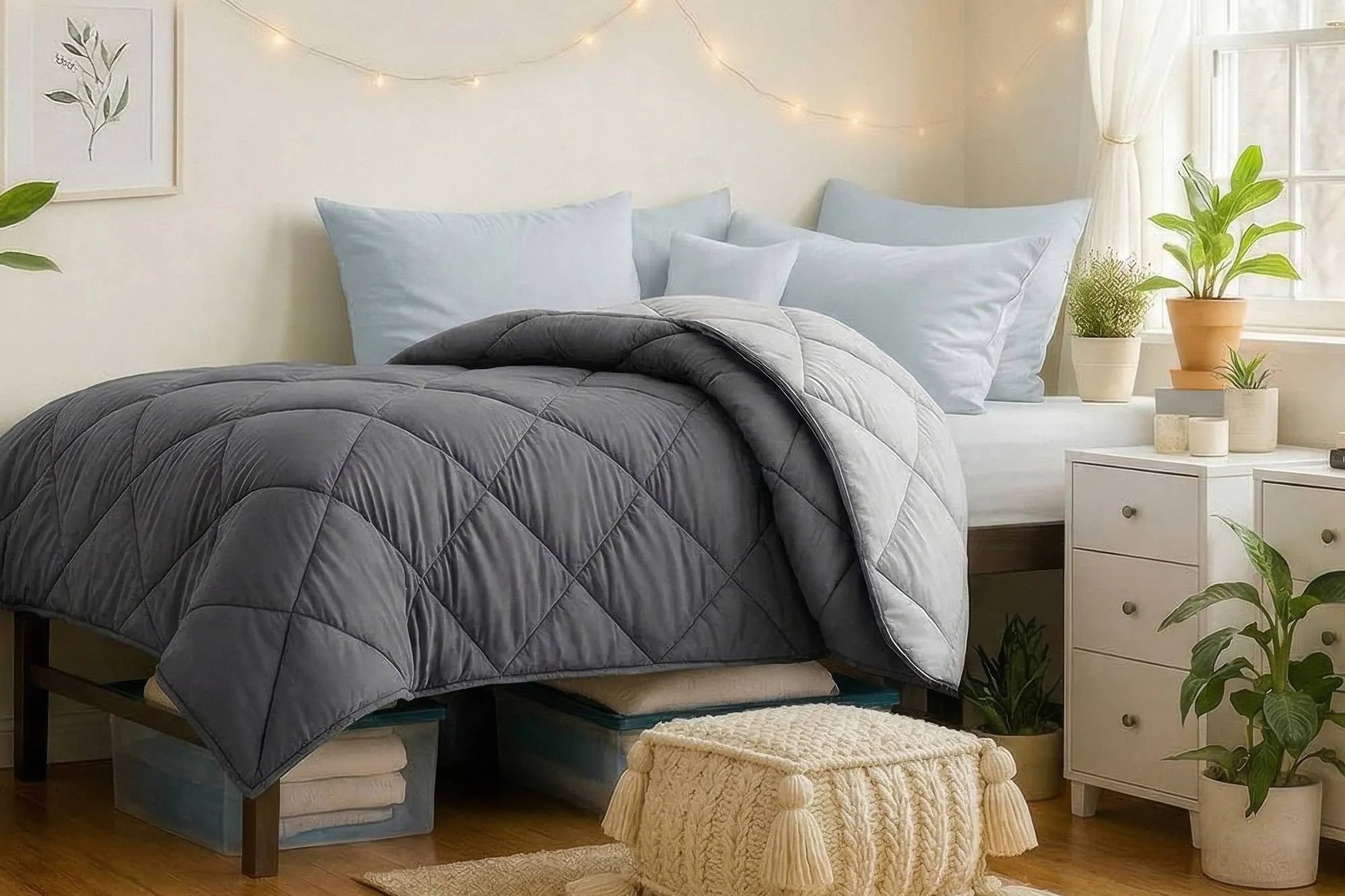 reversible gray comforter on a twin xl bed in a college dorm room
