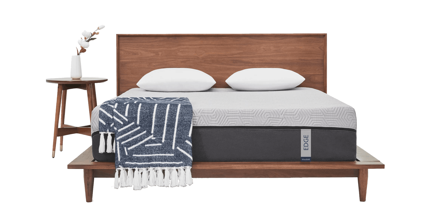 edge mattress with gray cover on bed frame facing forward
