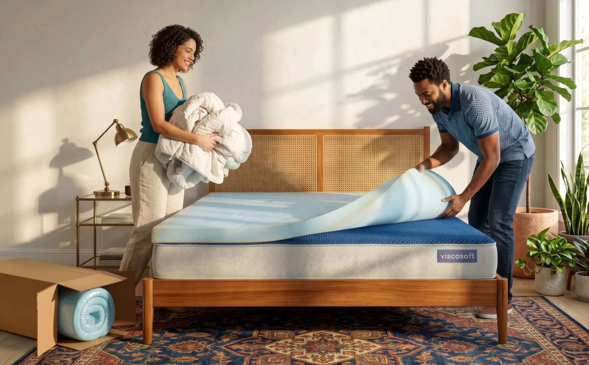 A couple replacing the comfort layer of their mattress