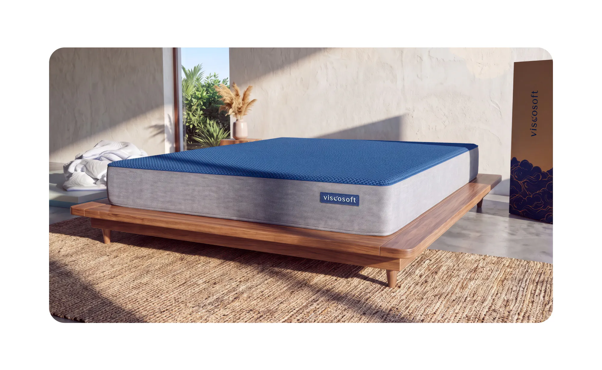 The foundation part of the Edge mattress without the comfort layer and cover on top of it. The foundation is wrapped in a durable gray cover with a blue, anti-mesh slip top.