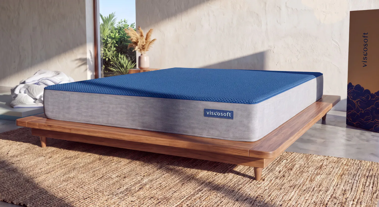 The foundation part of the Edge mattress without the comfort layer and cover on top of it. The foundation is wrapped in a durable gray cover with a blue, anti-mesh slip top.