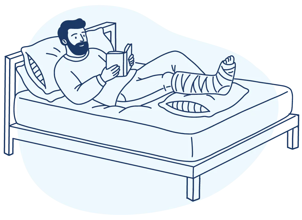 Illustration of a man with a cast on his leg resting in bed while reading a book.