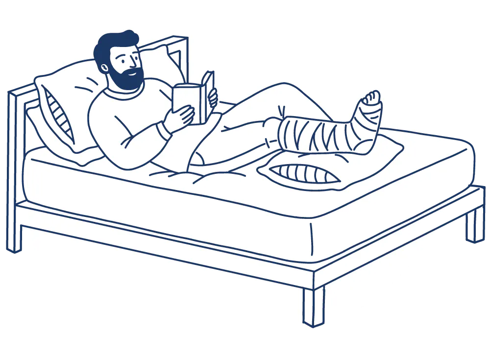 Illustration of a man with a cast on his leg resting in bed while reading a book.
