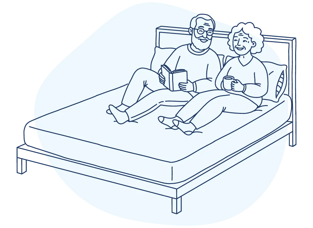 Illustration of an elderly couple siting in bed together while reading and enjoying a cup of tea.